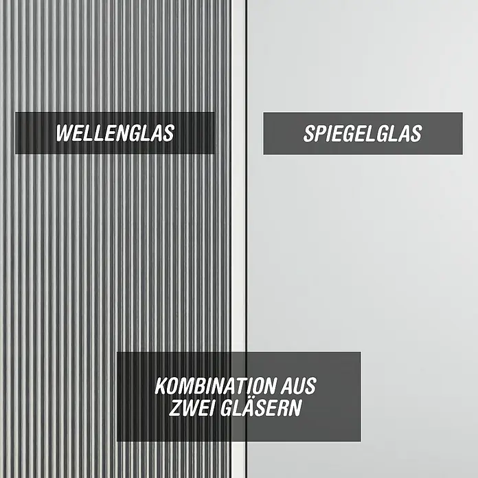 Camargue Meran Mix & Match Duschwand - B x H: 100 x 200 cm, Beschichtet, Silber, B: 570mm Wellenglas + B: 400mm Spiegelglas - Texturiertes Wellenglas neben glattem Spiegelglas, als Kombination beider dargestellt.