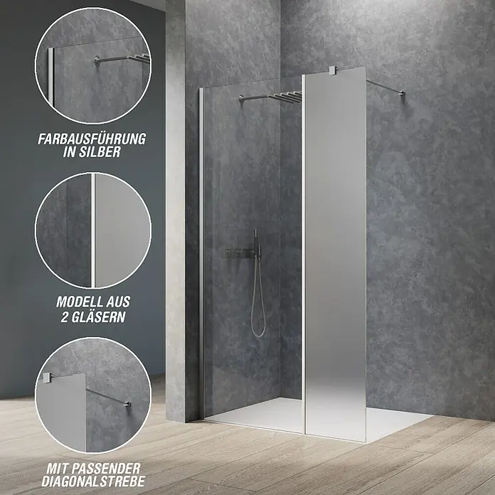 Camargue Meran Mix & Match Duschwand - B x H: 120 x 200 cm, Beschichtet, Silber, B: 970mm Klarglas + B: 200mm Satiniertes Glas - Moderne Walk-In-Dusche mit Klarglas- und Silberglas-Paneelen, silbernen Armaturen und diagonaler Stützstrebe.