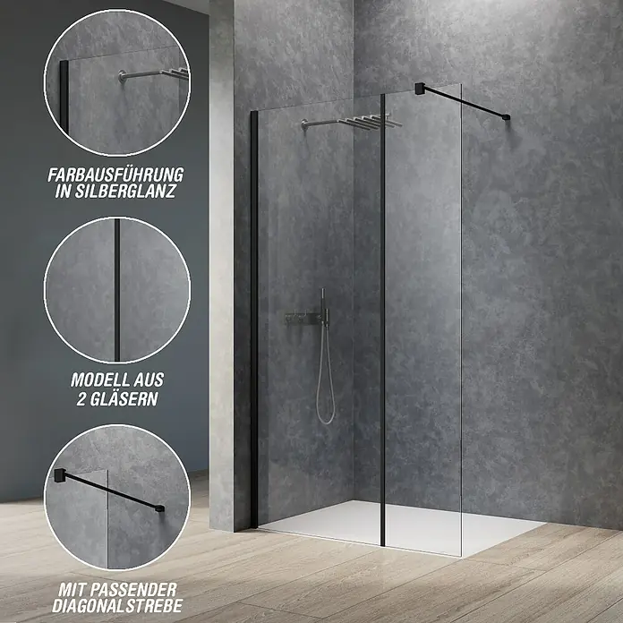 Camargue Meran Mix & Match Duschwand - B x H: 140 x 200 cm, Beschichtet, Schwarz, Ausführungseigenschaft: B: 1170mm Klarglas + B: 200mm Klarglas - Schwarz gerahmte Walk-in Dusche mit Klarglaswänden und diagonaler Stützstrebe auf weißer Duschwanne in modernem Bad.