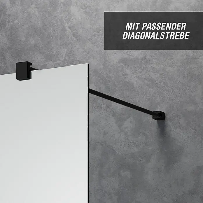Camargue Meran Mix & Match Duschwand - B x H: 120 x 200 cm, Beschichtet, Schwarz, B: 970mm Satiniertes Glas + B: 200mm Spiegelglas - Schwarze diagonale Metall-Stützstange für Duschwand, wandmontiert.