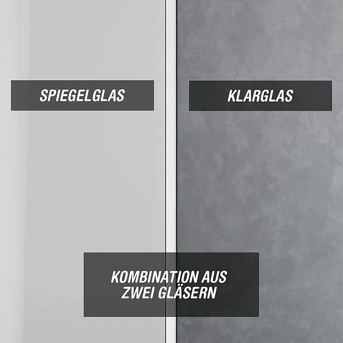 Camargue Meran Mix & Match Duschwand - B x H: 100 x 200 cm, Beschichtet, Silberglanz, B: 570mm Spiegelglas + B: 400mm Klarglas - Spiegelglas, Klarglas und eine Kombination aus beiden, die ihre unterschiedlichen Eigenschaften zeigen.