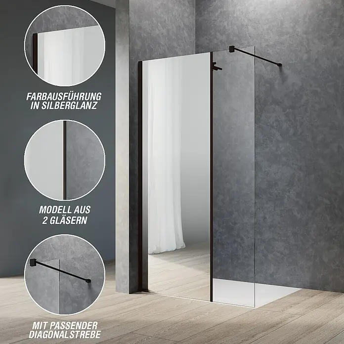 Camargue Meran Mix & Match Duschwand - B x H: 90 x 200 cm, Beschichtet, Schwarz, B: 570mm Spiegelglas + B: 300mm Klarglas - Moderne Walk-in-Dusche mit bronzefarbenem Rahmen, zwei Klarglaspaneelen und diagonaler Stabilisierungsstange.