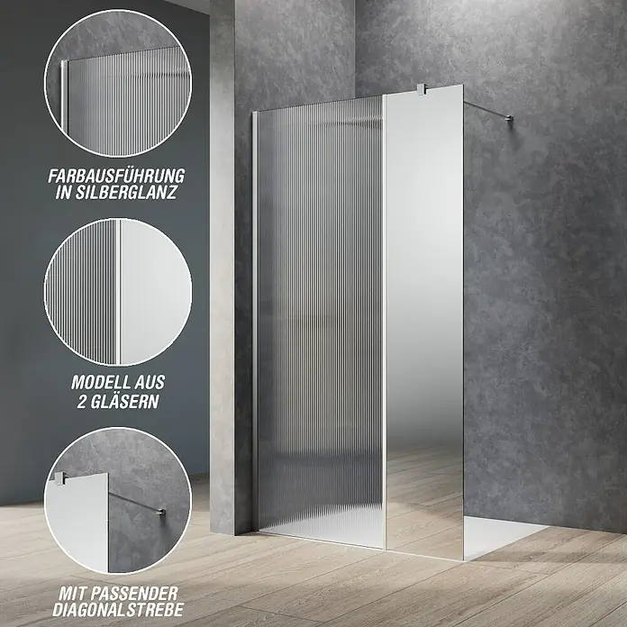 Camargue Meran Mix & Match Duschwand - B x H: 100 x 200 cm, Beschichtet, Silberglanz, B: 570mm Wellenglas + B: 400mm Spiegelglas - Moderne Duschabtrennung mit geriffeltem und verspiegeltem Glas, silberglänzendem Rahmen und diagonaler Stützstrebe.