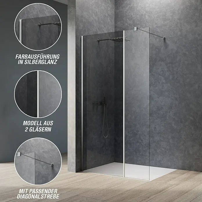 Camargue Meran Mix & Match Duschwand - B x H: 140 x 200 cm, Beschichtet, Silberglanz, B: 970mm Grau + B: 400mm Klarglas - Zweiteilige Glas-Duschwand mit silberglänzenden Profilen und diagonalem Stabilisator in modernem Bad.