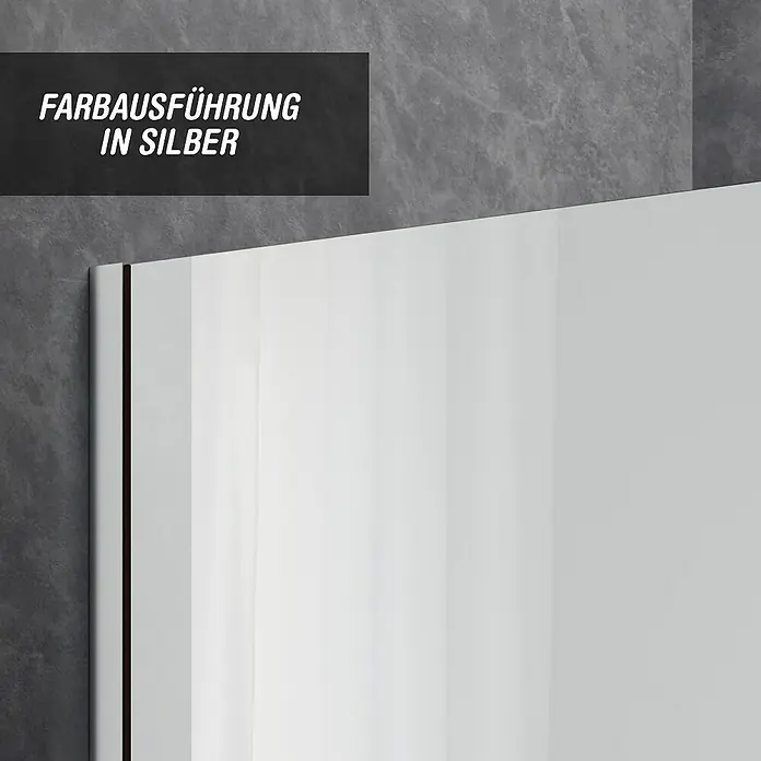 Camargue Meran Mix & Match Duschwand - B x H: 100 x 200 cm, Beschichtet, Silber, B: 570mm Spiegelglas + B: 400mm Satiniertes Glas - Silberfarbenes Profil einer Duschwand.