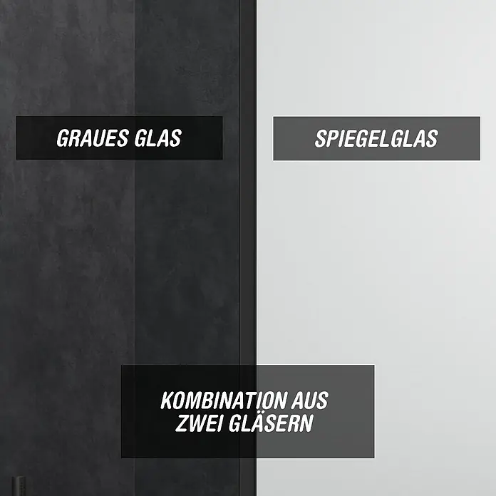 Camargue Meran Mix & Match Duschwand - B x H: 120 x 200 cm, Beschichtet, Schwarz, B: 970mm Grau + B: 200mm Spiegelglas - Graues Glas und Spiegelglas Optionen, einzeln und in Kombination dargestellt.