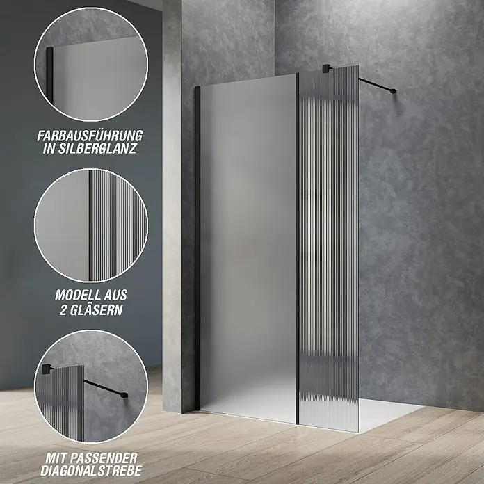 Camargue Meran Mix & Match Duschwand - B x H: 120 x 200 cm, Beschichtet, Schwarz, B: 970mm Satiniertes Glas + B: 200mm Wellenglas - Moderne Duschwand mit schwarzen Profilen, bestehend aus einer satinierten und einer geriffelten Glasscheibe, mit diagonalem Haltestab.