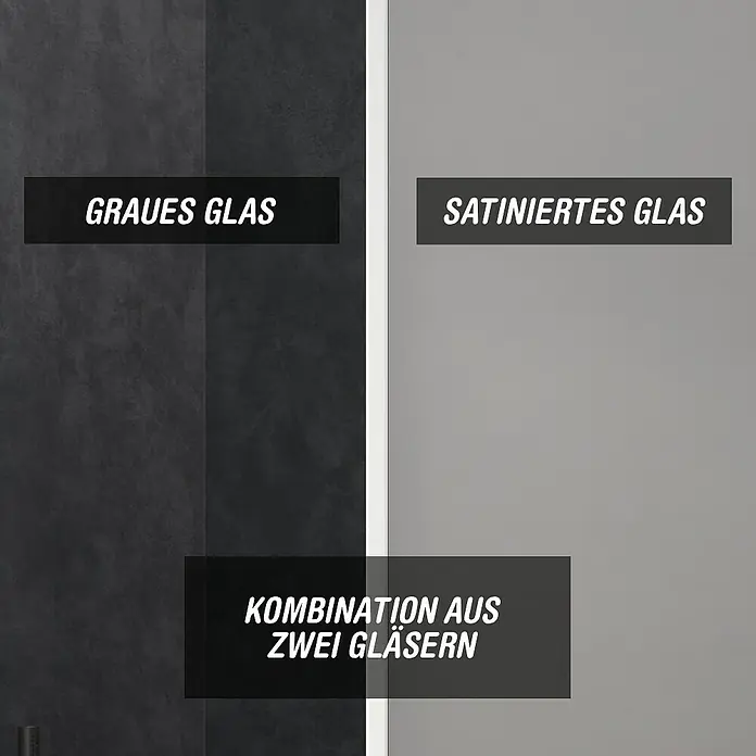 Camargue Meran Mix & Match Duschwand - B x H: 120 x 200 cm, Beschichtet, Silber, B: 970mm Grau + B: 200mm Satiniertes Glas - Glaspaneel mit Optionen: Graues Glas, satiniertes Glas und eine Kombination beider Oberflächen.