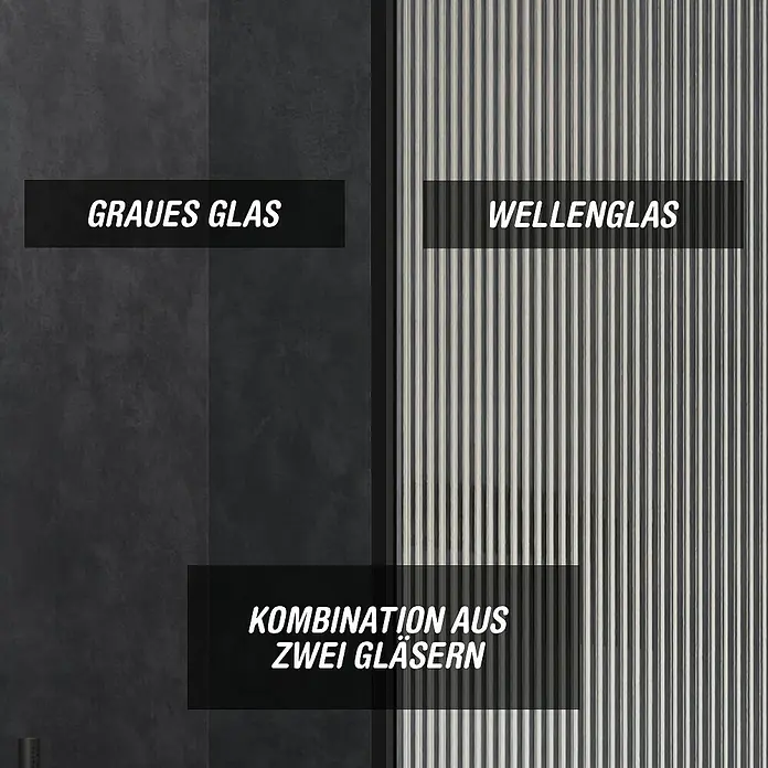 Camargue Meran Mix & Match Duschwand - B x H: 140 x 200 cm, Beschichtet, Schwarz, B: 970mm Grau + B: 400mm Wellenglas - Graues und Wellenglas, sowie eine Kombination aus beiden.