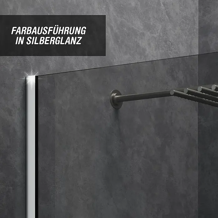 Camargue Meran Mix & Match Duschwand - B x H: 120 x 200 cm, Beschichtet, Silberglanz, B: 970mm Grau + B: 200mm Wellenglas - Silberglänzendes Profil einer Duschabtrennung mit dunklem Handtuchhalter.