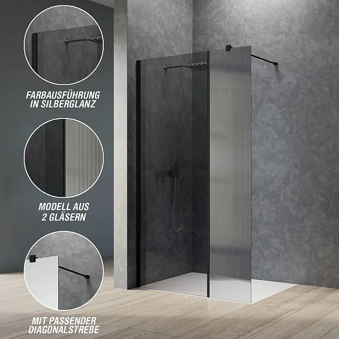 Camargue Meran Mix & Match Duschwand - B x H: 140 x 200 cm, Beschichtet, Schwarz, B: 970mm Grau + B: 400mm Wellenglas - Walk-in-Dusche mit Klarglas- und geriffelten Glasscheiben, schwarzen Profilen, silberglänzenden Beschlägen und schwarzer Diagonalstrebe im modernen Bad.