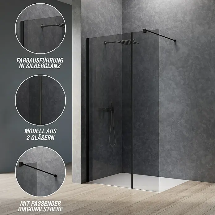 Camargue Meran Mix & Match Duschwand - B x H: 100 x 200 cm, Beschichtet, Schwarz, Ausführungseigenschaft: B: 570mm Grauglas + B: 400mm Grauglas, Matt - Moderne schwarze Walk-In-Duschabtrennung mit klaren Glaspaneelen und einer diagonalen Stabilisierungsstange.