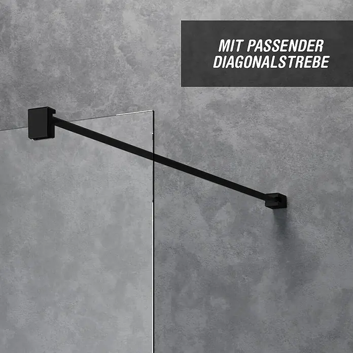 Camargue Meran Mix & Match Duschwand - B x H: 100 x 200 cm, Beschichtet, Schwarz, B: 570mm Satiniertes Glas + B: 400mm Klarglas - Schwarze diagonale Duschwand-Stützstange, an Wand und Glas montiert.