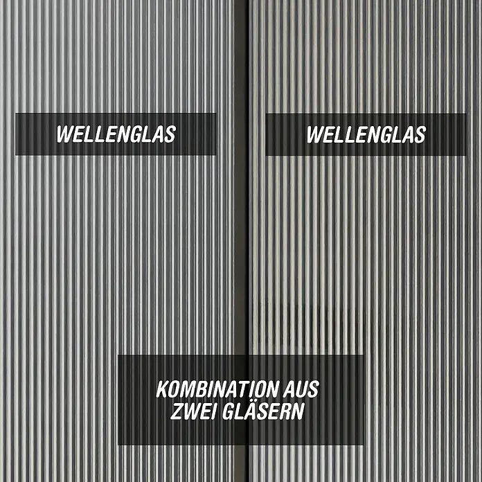 Camargue Meran Mix & Match Duschwand - B x H: 120 x 200 cm, Beschichtet, Schwarz, Ausführungseigenschaft: B: 970mm Wellenglas + B: 200mm Wellenglas, Matt - Graue Wellglasmuster: einzelne Scheiben (oben) und eine Doppelglas-Kombination (unten).