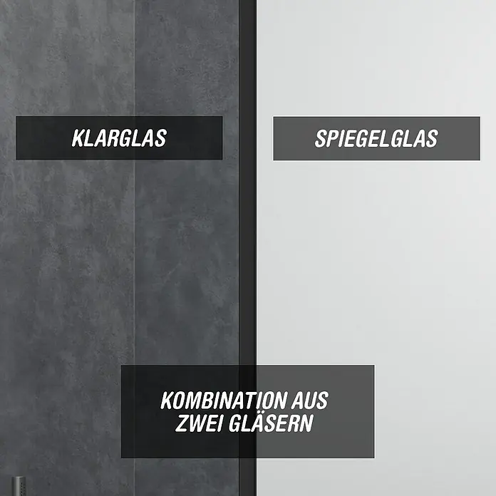 Camargue Meran Mix & Match Duschwand - B x H: 140 x 200 cm, Beschichtet, Schwarz, B: 970mm Klarglas + B: 400mm Spiegelglas - Visualisierung von Klarglas und Spiegelglas Optionen für eine Duschkabine, auch als Kombination erhältlich.