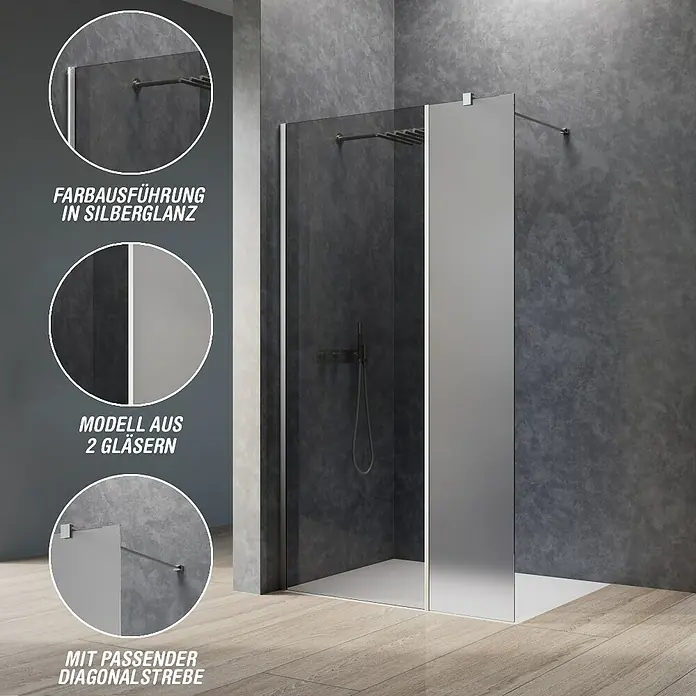 Camargue Meran Mix & Match Duschwand - B x H: 140 x 200 cm, Beschichtet, Silberglanz, B: 970mm Grau + B: 400mm Satiniertes Glas - Duschwand aus klarem und mattiertem Glas mit silberglänzenden Profilen, in modernem Bad mit diagonaler Strebe installiert.