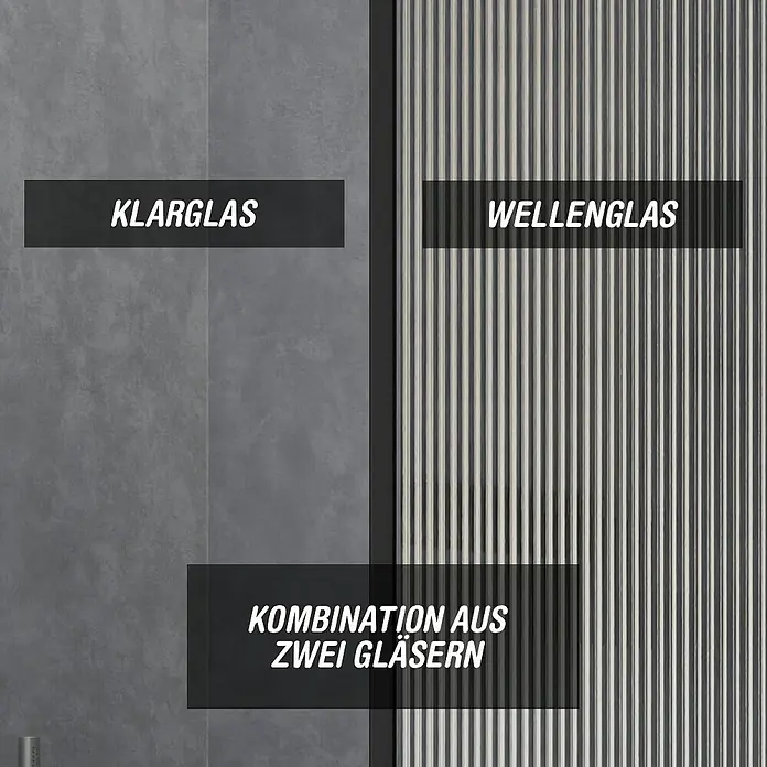 Camargue Meran Mix & Match Duschwand - B x H: 140 x 200 cm, Beschichtet, Schwarz, B: 1170mm Klarglas + B: 200mm Wellenglas - Zwei Duschglas-Arten: Klarglas links, Wellenglas rechts. Zeigt eine Kombination beider Designs.
