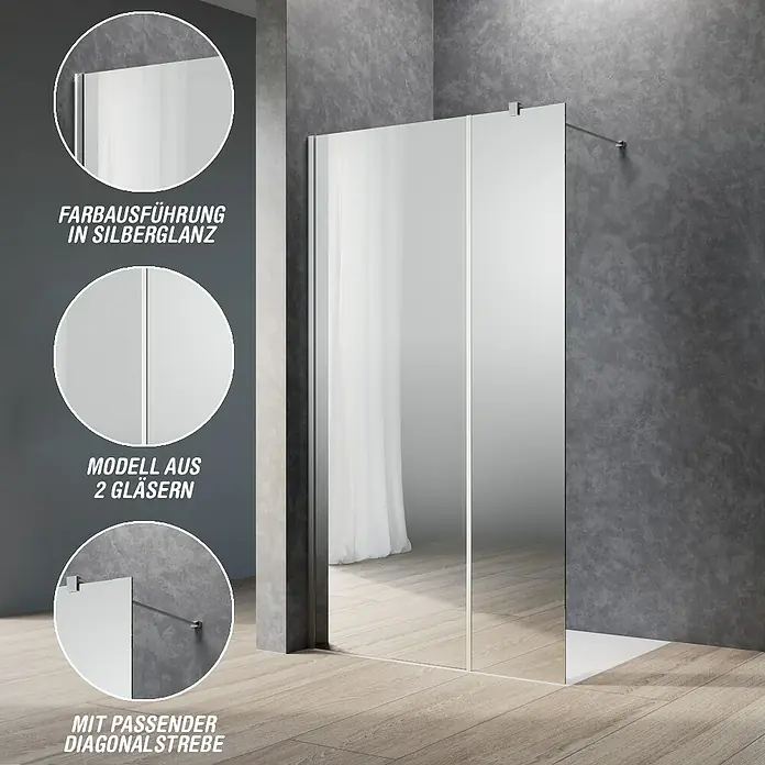 Camargue Meran Mix & Match Duschwand - B x H: 140 x 200 cm, Beschichtet, Silber Glänzend, Ausführungseigenschaft: B: 970mm Spiegelglas + B: 400mm Spiegelglas, Glänzend - Duschabtrennung mit zwei Glaspaneelen, silberglänzenden Profilen und diagonaler Strebe.