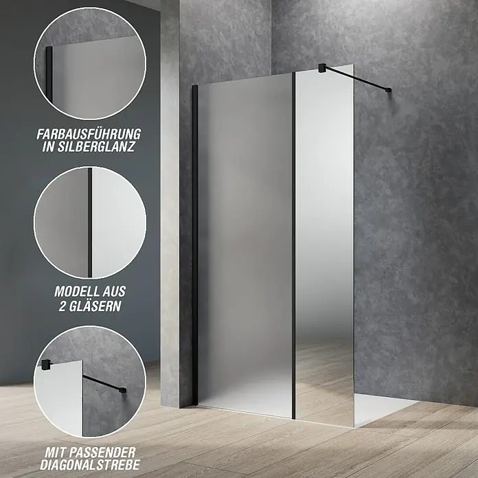 Camargue Meran Mix & Match Duschwand - B x H: 120 x 200 cm, Beschichtet, Schwarz, B: 970mm Satiniertes Glas + B: 200mm Spiegelglas - Moderne Walk-in-Dusche mit zwei Glaspaneelen (satiniert und verspiegelt), schwarzen Profilen und einer diagonalen Stützstrebe.