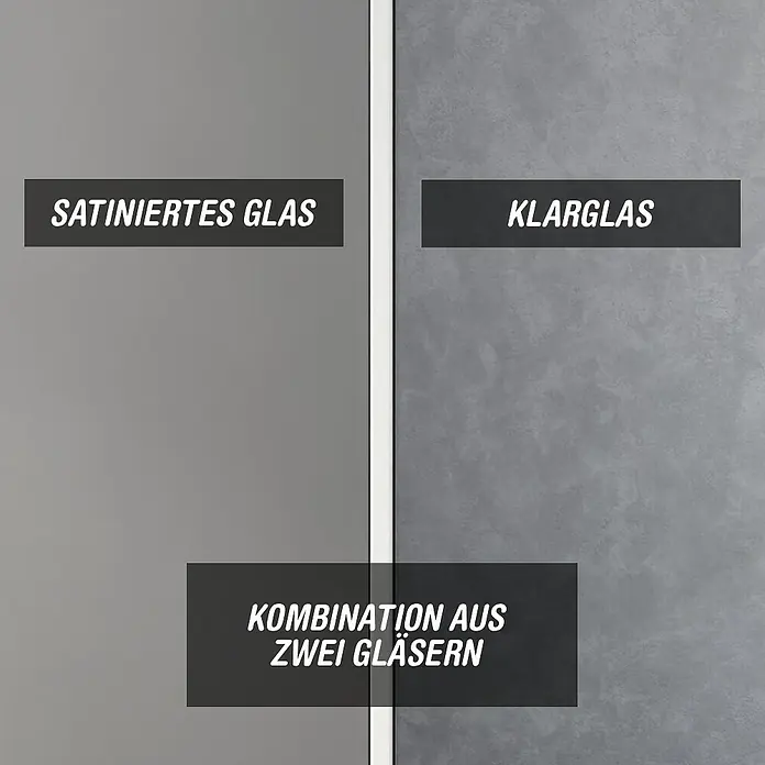 Camargue Meran Mix & Match Duschwand - B x H: 100 x 200 cm, Beschichtet, Silber, B: 570mm Satiniertes Glas + B: 400mm Klarglas - Zwei Glaspaneele, links satiniert (diffuses Grau) und rechts Klarglas (strukturiertes Grau), die eine Kombination beider Glastypen zeigen.