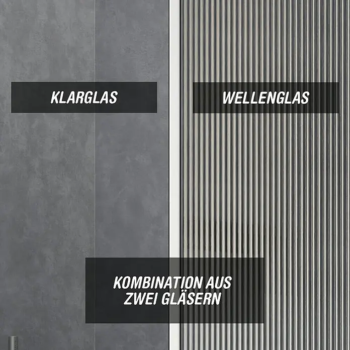 Camargue Meran Mix & Match Duschwand - B x H: 120 x 200 cm, Beschichtet, Silber, B: 970mm Klarglas + B: 200mm Wellenglas - Zwei Glaspaneele: ein Klarglas und ein Wellenglas mit vertikaler Rillenstruktur, für Duschabtrennungen.
