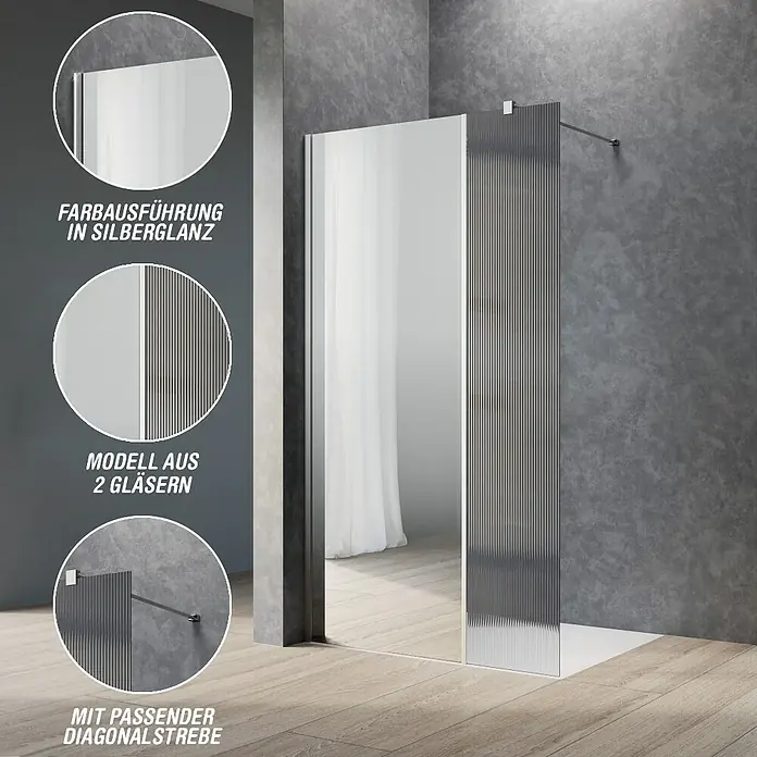 Camargue Meran Mix & Match Duschwand - B x H: 100 x 200 cm, Beschichtet, Silberglanz, 570mm Spiegelglas + B: 400mm Wellenglas - Duschabtrennung mit klaren und geriffelten Glaspaneelen, silberglänzenden Profilen und diagonaler Stützstrebe.