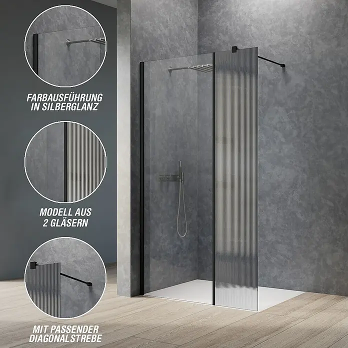 Camargue Meran Mix & Match Duschwand - B x H: 140 x 200 cm, Beschichtet, Schwarz, B: 1170mm Klarglas + B: 200mm Wellenglas - Moderne Duschkabine mit schwarzem Rahmen, Klarglas und geriffeltem Glas sowie silberner Diagonalstrebe im Bad.