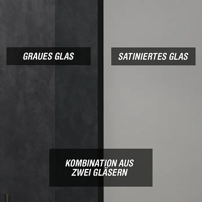 Camargue Meran Mix & Match Duschwand - B x H: 140 x 200 cm, Beschichtet, Schwarz, B: 970mm Grau + B: 400mm Satiniertes Glas - Darstellung von grauem und satiniertem Glas, einzeln und in Kombination.