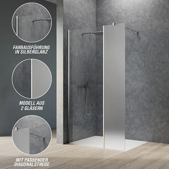 Camargue Meran Mix & Match Duschwand - B x H: 120 x 200 cm, Beschichtet, Silberglanz, B: 970mm Klarglas + B: 200mm Satiniertes Glas - Duschkabine in Silberglanz mit zwei Glaspaneelen, einem klaren und einem satinierten, sowie einer diagonalen Stützstrebe.