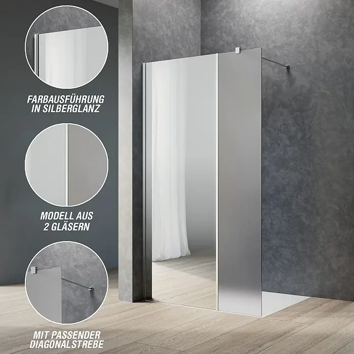 Camargue Meran Mix & Match Duschwand - B x H: 90 x 200 cm, Beschichtet, Silberglanz, B: 570mm Spiegelglas + B: 300mm Satiniertes Glas - Duschwand in Silberglanz mit zwei Glaspaneelen, transparent und undurchsichtig, und passender Diagonalstrebe.