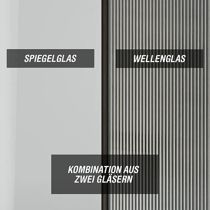 Camargue Meran Mix & Match Duschwand - B x H: 90 x 200 cm, Beschichtet, Schwarz, B: 570mm Spiegelglas + B: 300mm Wellenglas - Vergleich zweier Glasarten: reflektierendes Spiegelglas und strukturiertes Wellenglas.