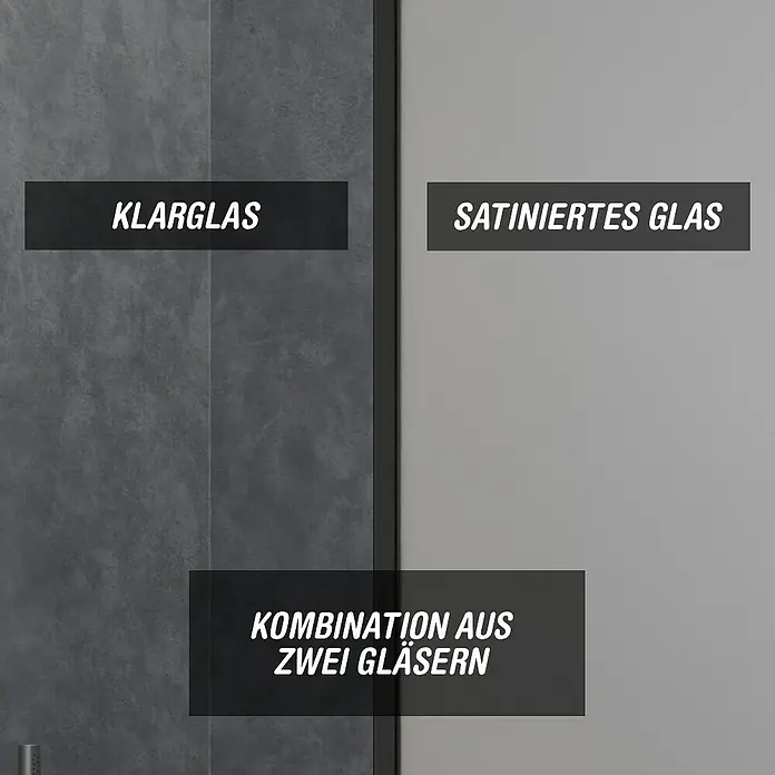 Camargue Meran Mix & Match Duschwand - B x H: 140 x 200 cm, Beschichtet, Schwarz, B: 1170mm Klarglas + B: 200mm Satiniertes Glas - Vergleich von Klarglas, satiniertem Glas und einer Kombination beider Typen. Zeigt Optionen für Transparenz und Sichtschutz.