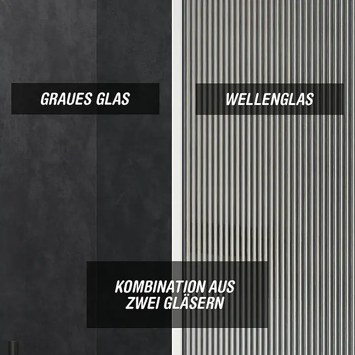 Camargue Meran Mix & Match Duschwand - B x H: 120 x 200 cm, Beschichtet, Silberglanz, B: 970mm Grau + B: 200mm Wellenglas - Musterplatte mit zwei Glassorten: dunkelgrau strukturiert und klares Wellenglas.