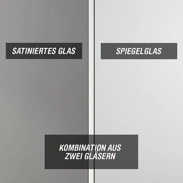 Camargue Meran Mix & Match Duschwand - B x H: 140 x 200 cm, Beschichtet, Silberglanz, B: 970mm Satiniertes Glas + B: 400mm Spiegelglas - Satiniertes Glas links, Spiegelglas rechts, beides als Glaskombination dargestellt.