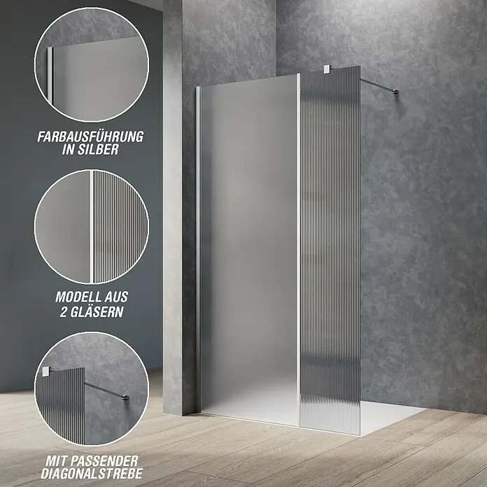 Camargue Meran Mix & Match Duschwand - B x H: 120 x 200 cm, Beschichtet, Silber, B: 970mm Satiniertes Glas + B: 200mm Wellenglas - Zweiteilige Duschkabine mit mattiertem und geriffeltem Glas, silbernen Profilen und diagonaler Stützstange.