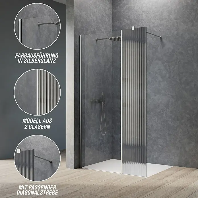 Camargue Meran Mix & Match Duschwand - B x H: 140 x 200 cm, Beschichtet, Silberglanz, B: 970mm Klarglas + B: 400mm Wellenglas - Zweiteilige Duschwand mit einer klaren und einer geriffelten Glasscheibe, silberglänzenden Profilen und diagonaler Stützstange.