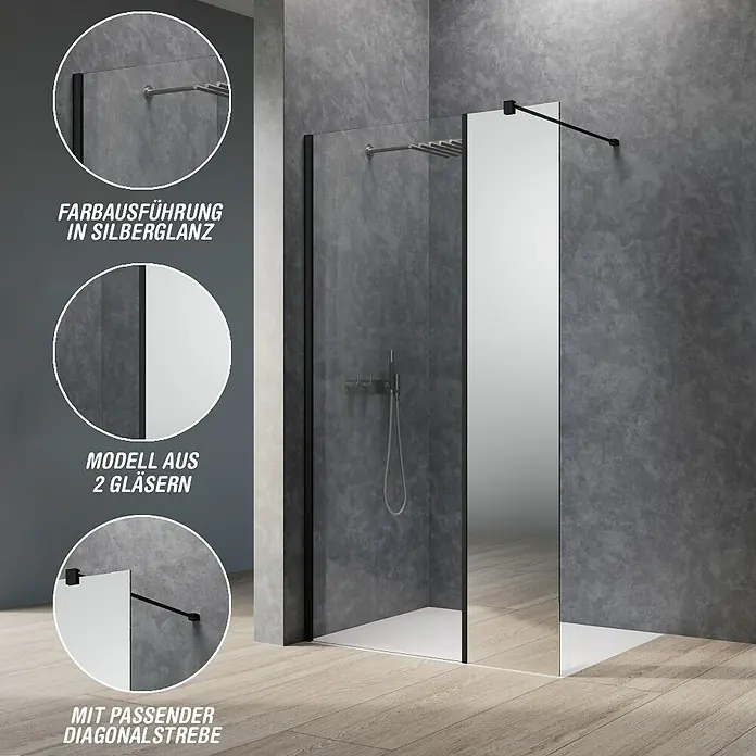 Camargue Meran Mix & Match Duschwand - B x H: 140 x 200 cm, Beschichtet, Schwarz, B: 970mm Klarglas + B: 400mm Spiegelglas - Moderne begehbare Duschwand mit schwarz gerahmten Klarglas- und Spiegelelementen sowie einer Diagonalstrebe.