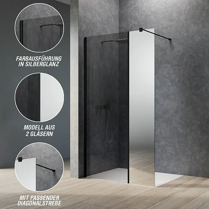 Camargue Meran Mix & Match Duschwand - B x H: 120 x 200 cm, Beschichtet, Schwarz, B: 970mm Grau + B: 200mm Spiegelglas - Walk-in Duschkabine mit zwei Glasplatten (eine klar, eine verspiegelt), schwarzem Rahmen und einer schwarzen Diagonalstrebe.