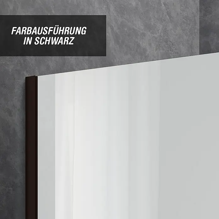 Camargue Meran Mix & Match Duschwand - B x H: 90 x 200 cm, Beschichtet, Schwarz, B: 570mm Spiegelglas + B: 300mm Klarglas - Schwarzes Profil einer Duschabtrennung neben einer weißen Platte.