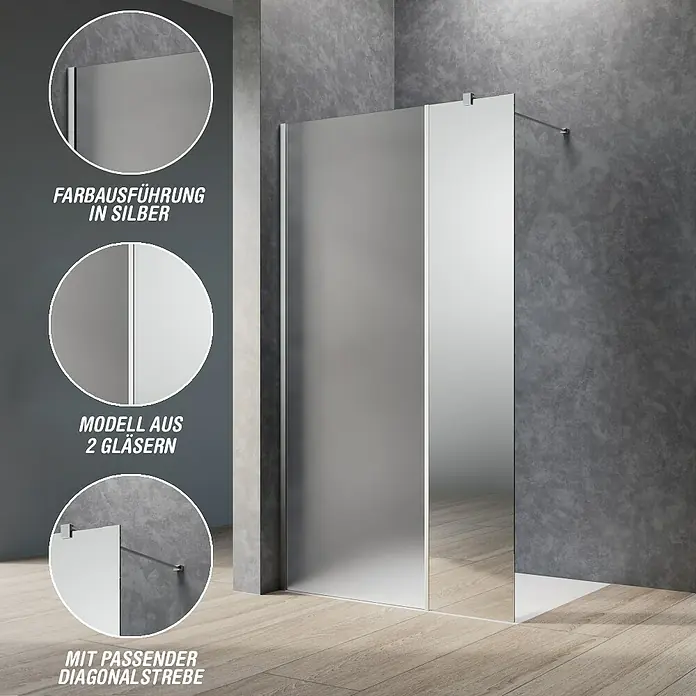 Camargue Meran Mix & Match Duschwand - B x H: 120 x 200 cm, Beschichtet, Silber, B: 970mm Satiniertes Glas + B: 200mm Spiegelglas - Walk-in Duschwand aus zwei Gläsern, ein Teil satiniert, ein Teil klar, mit silberner Farbgebung und diagonaler Stabilisierungsstrebe.