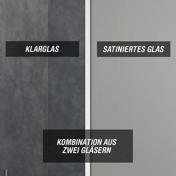 Camargue Meran Mix & Match Duschwand - B x H: 120 x 200 cm, Beschichtet, Silber, B: 970mm Klarglas + B: 200mm Satiniertes Glas - Visueller Vergleich von Klarglas und satiniertem Glas, der eine mögliche Kombination hervorhebt.