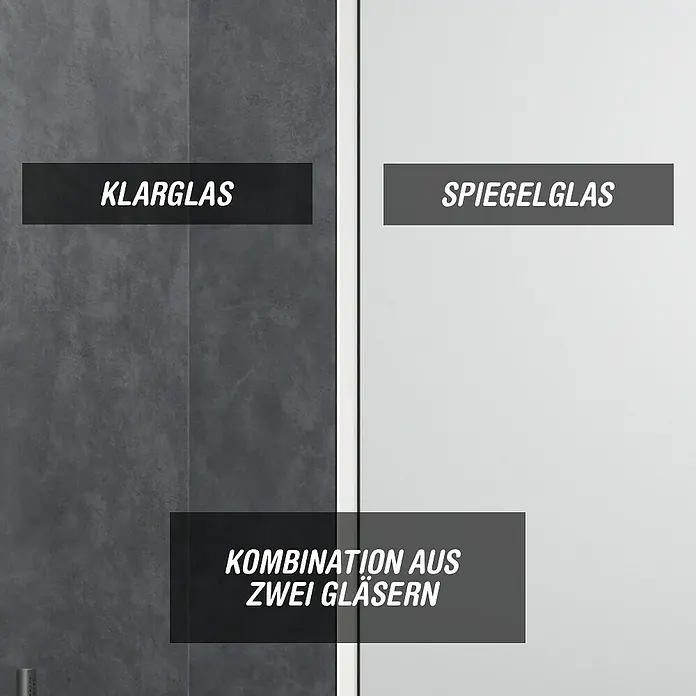 Camargue Meran Mix & Match Duschwand - B x H: 90 x 200 cm, Beschichtet, Silberglanz, B: 570mm Klarglas + B: 300mm Spiegelglas - Klarglas, Spiegelglas und eine Kombination aus beiden Glasarten als Produktbeispiel.