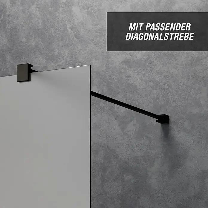 Camargue Meran Mix & Match Duschwand - B x H: 140 x 200 cm, Beschichtet, Schwarz, B: 1170mm Klarglas + B: 200mm Satiniertes Glas - Schwarze diagonale Stützstange und passende Klemme für eine Glasplatte, wandmontiert.