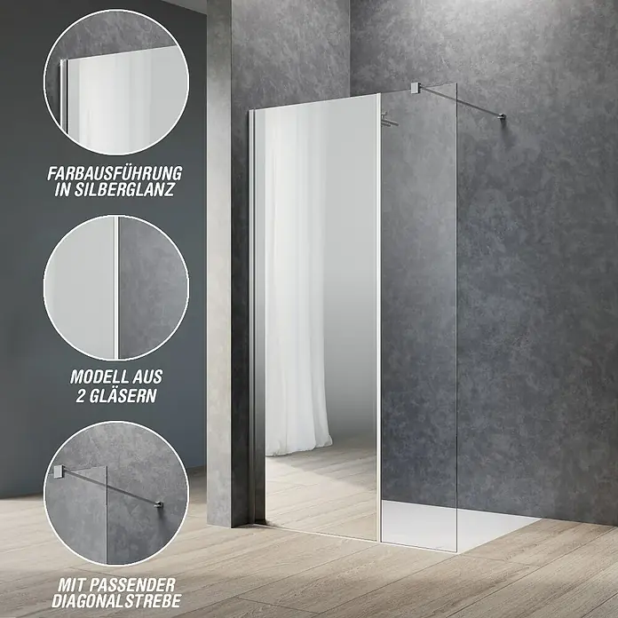 Camargue Meran Mix & Match Duschwand - B x H: 100 x 200 cm, Beschichtet, Silberglanz, B: 570mm Spiegelglas + B: 400mm Klarglas - Walk-in Duschwand aus Glas mit silberglänzenden Akzenten und Diagonalstrebe in modernem Bad.