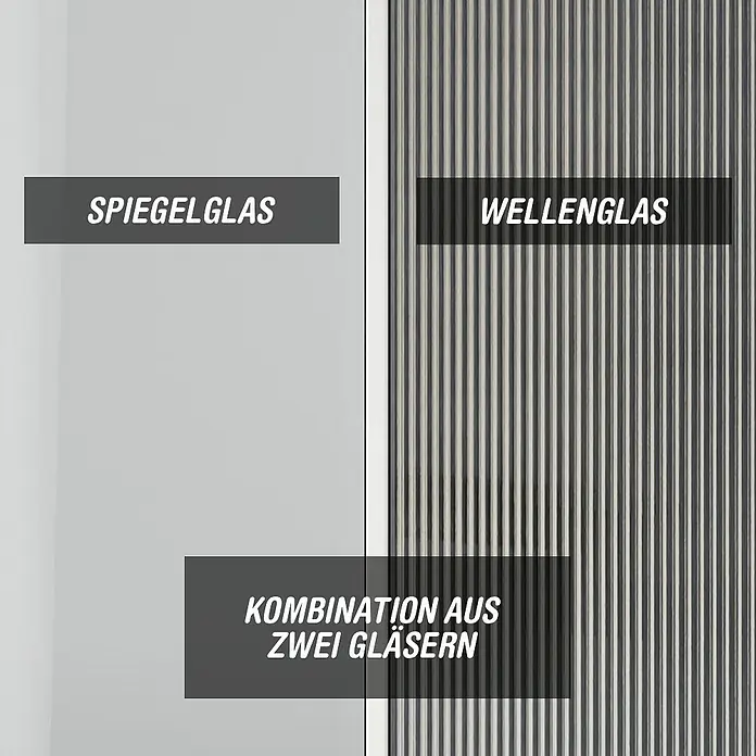 Camargue Meran Mix & Match Duschwand - B x H: 90 x 200 cm, Beschichtet, Silber, B: 570mm Spiegelglas + B: 300mm Wellenglas - Zwei unterschiedliche Glastypen: glattes Spiegelglas und vertikal geriffeltes Wellenglas, einzeln und kombiniert dargestellt.