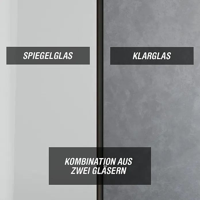 Camargue Meran Mix & Match Duschwand - B x H: 90 x 200 cm, Beschichtet, Schwarz, B: 570mm Spiegelglas + B: 300mm Klarglas - Spiegelglas (links, reflektierend) im Kontrast zu Klarglas (rechts, transparent dunkel), als Kombination dargestellt.