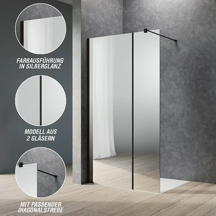 Camargue Meran Mix & Match Duschwand - B x H: 120 x 200 cm, Beschichtet, Schwarz, Ausführungseigenschaft: B: 970mm Spiegelglas + B: 200mm Spiegelglas, Matt - Dunkel gerahmte Duschwand aus zwei Glaspaneelen mit schwarzer Diagonalstrebe.