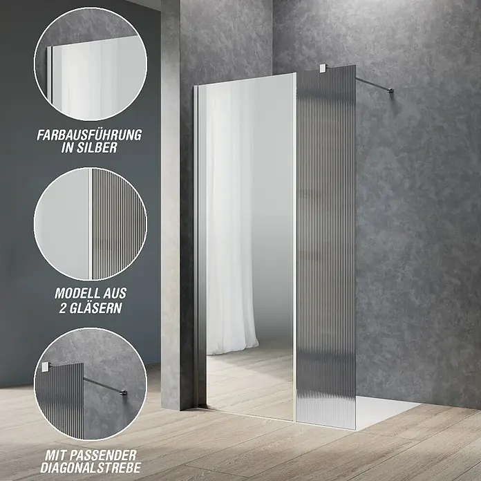 Camargue Meran Mix & Match Duschwand - B x H: 90 x 200 cm, Beschichtet, Silber, B: 570mm Spiegelglas + B: 300mm Wellenglas - Moderne Duschabtrennung mit silbernem Rahmen, klaren und geriffelten Glasscheiben, unterstützt von einer Diagonalstrebe.