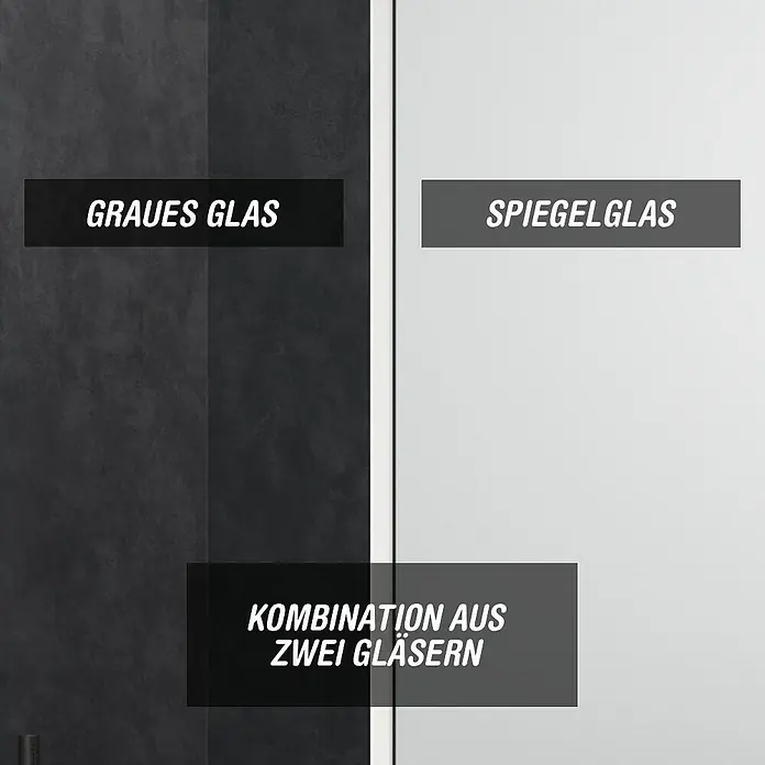 Camargue Meran Mix & Match Duschwand - B x H: 120 x 200 cm, Beschichtet, Silberglanz, B: 970mm Grau + B: 200mm Spiegelglas - Graues Glas, Spiegelglas und eine Kombination aus beiden Glasarten.
