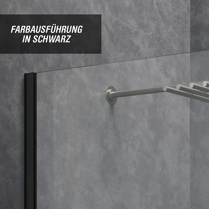 Camargue Meran Mix & Match Duschwand - B x H: 140 x 200 cm, Beschichtet, Schwarz, B: 1170mm Klarglas + B: 200mm Satiniertes Glas - Schwarzes Duschkabinenprofil mit elegantem Chrom-Handtuchhalter.